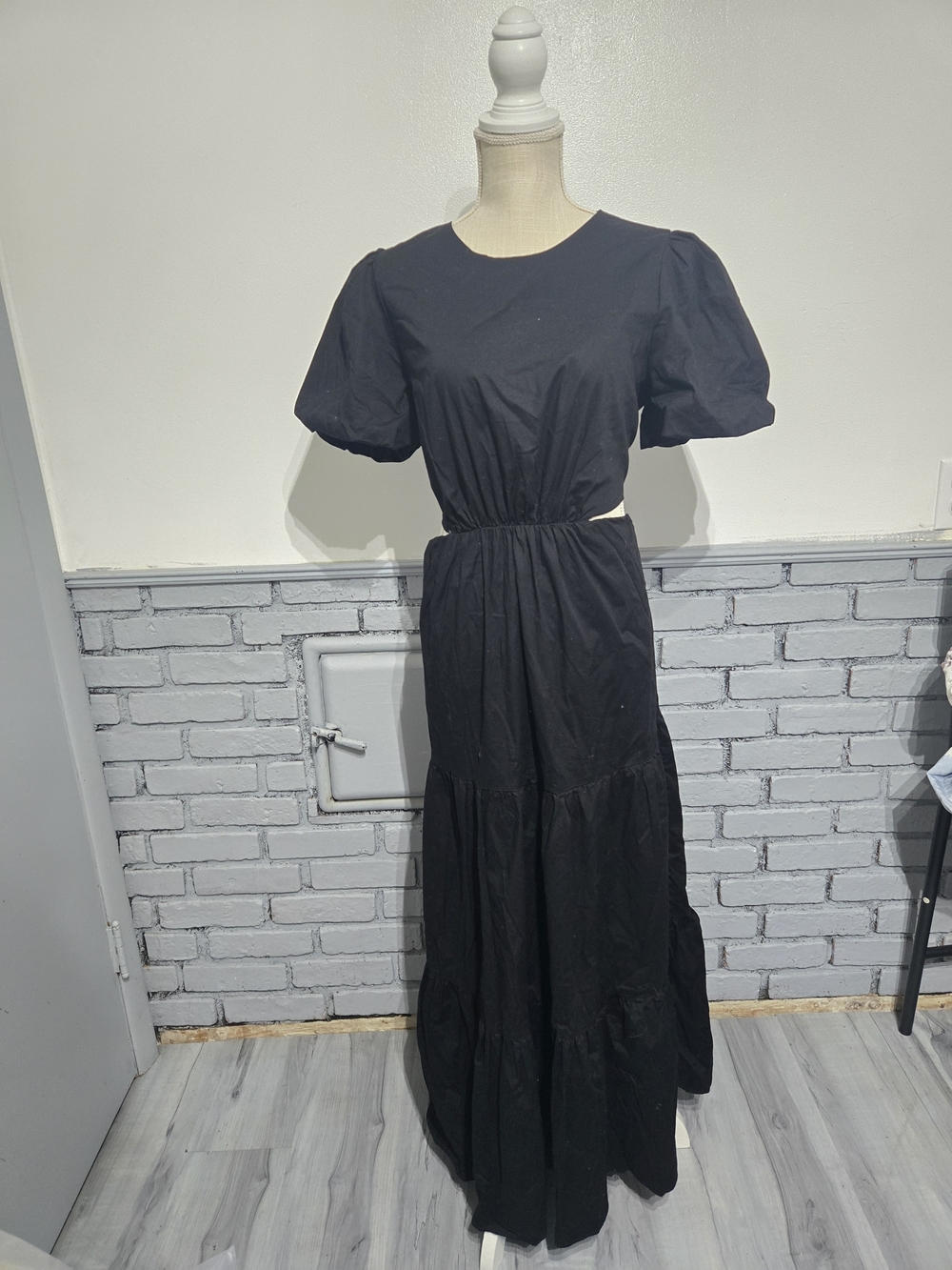 Wayf Black Puff Sleeve Cutout Tiered Maxi Dress